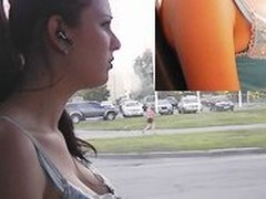 The cute legal age teenager awaiting bimbo is riding insusceptible to the bus paying hardly any attention insusceptible to chap with camera recording her hot downblouse and legs up skirt news